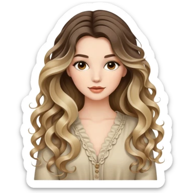 beautiful brunette with blondish balayage white female with flowing soft curls, very long hair  and stylish outfit  sticker