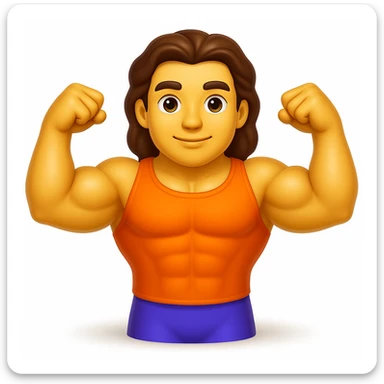 Create an emoji that looks exactly like the reference image in iOS emoji style. The emoji should have 3D appearance, shiny surface, smooth gradients, soft shadows, a muscular body, an expressive face, and hair. Add a soft shadow under the figure while maintaining the iOS emoji style. sticker