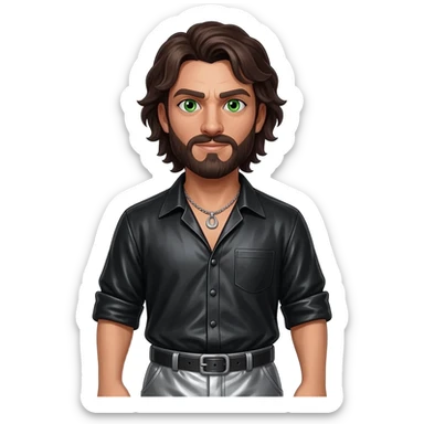 Iago from Othello with green eyes, dark brown hair, black metallic shirt, gray metallic baggy pants, silver necklace sticker