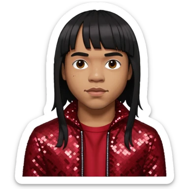 Anderson Paak with long platinum black hair with bang, dark red sequin outfit sticker