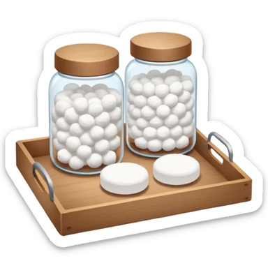 wooden tray with a jar of cotton balls, a jar of cotton swabs, a jar of cotton pads with wooden lids sticker