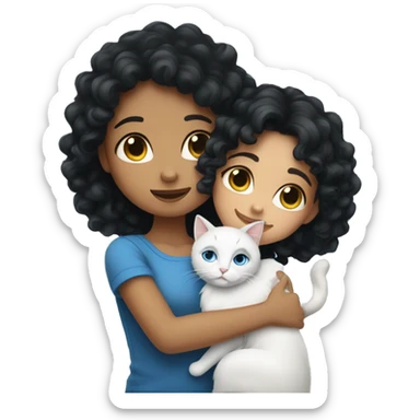 A black-haired girl with curly hair hugging a blue-eyed white cat sticker