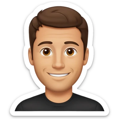 người đàn ông 35 tuổi, da vàng, tóc ngắn nhuộm màu nâu, râu quai nón hơi xoăn nhẹ, mặt cười tươi, áo màu đen sticker