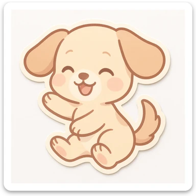 chibi sticker of a smiling dog with floppy ears, playful pose, pastel colors, white background sticker