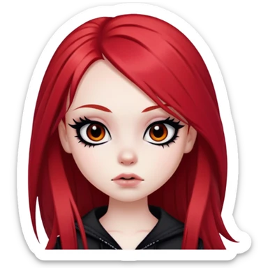 emo alternativ red long hair, pale skin,  brown iris, pretty bratz baddie, strong black eyeliner sticker