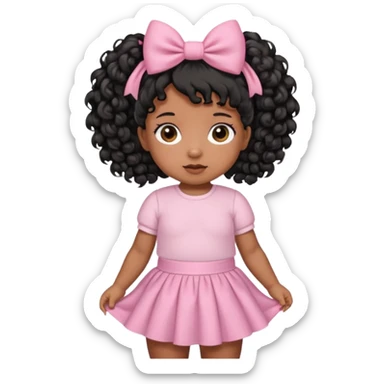 a brown skin baby with curly hair and a baby pink skirt and baby pink bows with her hair in pigtails and black hair sticker