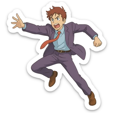 guy in a purple suit, dynamic pose, ghibli style, soft shading, expressive sticker