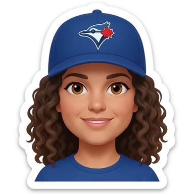 mid sized woman with curly hair and hazel eyes wearing a toronto blue jays hat sticker
