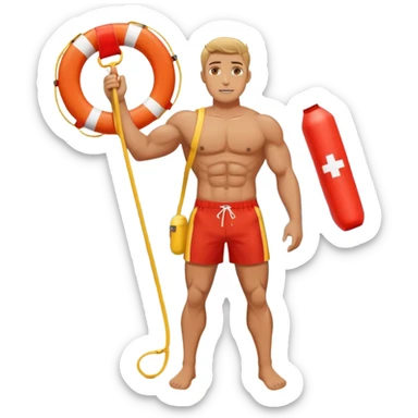 Muscular lifeguard man on beach with rescue tube sticker