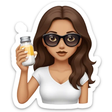 sassy woman with long brown hair and dark sunglasses holding a salt shaker and sprinkling the salt sticker