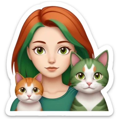 woman with brown and green hair next to a three-colored cat sticker