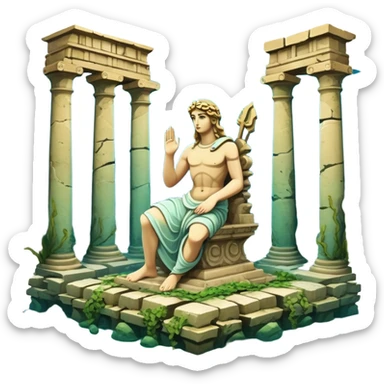 Simple Atlantis underwater ruins with a large sunken statue, fallen columns, broken domes, ancient Greek-style statue partially broken sticker