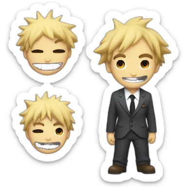 Denji with his blond hair in a shaggy style, brown eyes, with his shark teeth, is smiling evil and with a shirt with a black tie from chainsawman sticker