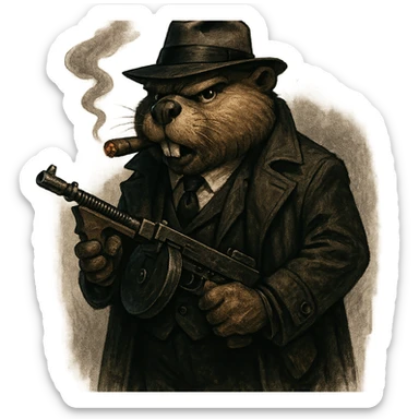realistic cartoon of a tough beaver in 1920s gangster attire: black three-piece suit, dark trench coat, white shirt, black tie, fedora hat, cigar in mouth, holding a Tommy gun, dramatic gritty noir lighting, transparent or simple background sticker