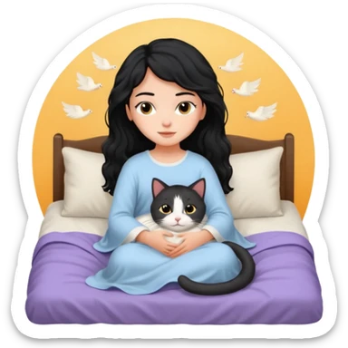 angelic black wavey hair girl in the bed with her cat sticker
