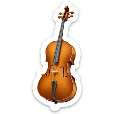Create a refined and detailed emoji representing a Cremona cello with a bow. The design should feature the smooth, polished wooden body of the cello with a deep, rich tone color. The strings and tuning pegs should be visible, emphasizing the instrument's fine craftsmanship. Add a delicate bow placed gently across the strings, with intricate detailing on the hair and frog. Include subtle musical notes around the cello to evoke the graceful, classical sound. Use warm wood tones and accents like gold and silver for a professional, elegant look. The background should be transparent. sticker