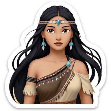 Cinematic Realistic Pocahontas Portrait, depicted with lifelike skin texture, soft natural lighting, and intricately detailed long, flowing raven-black hair that moves gracefully in the wind. Her deep, soulful dark brown eyes exude wisdom and strength, complemented by a serene yet powerful expression. She is dressed in her classic one-shoulder native american dress, with rich fabric textures and delicate beaded details that catch the light beautifully. The portrait features a soft, sun-kissed glow with a natural, radiant finish, capturing the essence of untamed beauty and deep connection to nature in a realistic and painterly style, evoking a sense of depth and authenticity. sticker