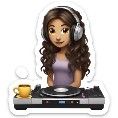 Fairy with long dark brown wavy hair dj-ing and drinking tea  sticker