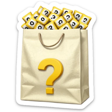 crumbled white goodie bag with yellow questions mark boxes stuffed in it sticker