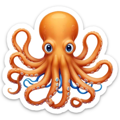 Cinematic Comical smirking Octopus Portrait Emoji, Head tilted dramatically with an exaggeratedly amused expression, featuring a rotund, light orange body festooned with bold blue rings and eight wildly expressive arms with comically animated suckers, Simplified yet hilariously expressive features, highly detailed, glowing with a slightly sassy underwater glow, high shine, dramatic yet playful, stylized with an air of quirky marine mischief, soft glowing outline, capturing the essence of a meme-worthy octopus that looks ready to squirt its way into viral fame! sticker