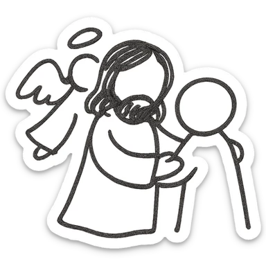 hand drawn cutesy tiny Jesus and a person, with an angel nearby, so small that faces are not visible sticker