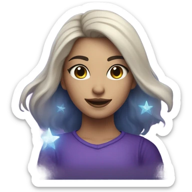 caucasian white skin mystical woman with sparkling galaxy hair with moon and stars in purple and blue shades sticker
