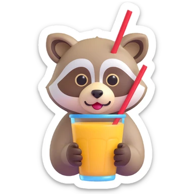 Show only the raccoon's face drinking through a straw in 3D emoji style, with no background, focusing on the microsoft style 3D fluent emoji look. sticker