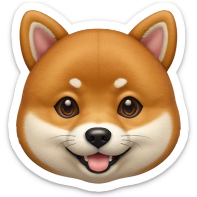 Head of a Shiba Inu dog, in orange-brown fur with white muzzle and cheeks, round face, big black eyes, perky ears, grinning with closed mouth, no tongue, front-facing, glossy texture, soft shadows
 sticker