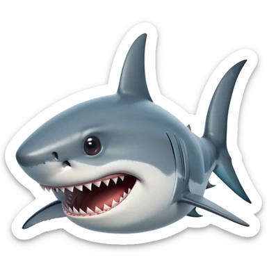 Cinematic Comical Great White Shark Portrait Emoji, Head tilted dramatically with an exaggeratedly shocked expression, featuring its iconic pointed snout, wide, comically expressive eyes, and a sleek body with a prominently defined dorsal fin, Simplified yet hilariously expressive features, highly detailed, glowing with a slightly sassy oceanic glow, high shine, dramatic yet playful, stylized with an air of cheeky marine mischief, soft glowing outline, capturing the essence of a meme-worthy great white shark that looks ready to side-eye its way into viral fame! sticker