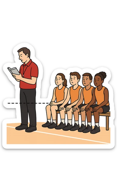 a coach is seen far away on the sidelines, partially turned away from the team or group, engaged in another activity (like reading, texting, or talking on the phone), while the athletes look toward them for support or instruction. The distance between coach and team is visually clear, symbolizing lack of presence. in italiano sticker