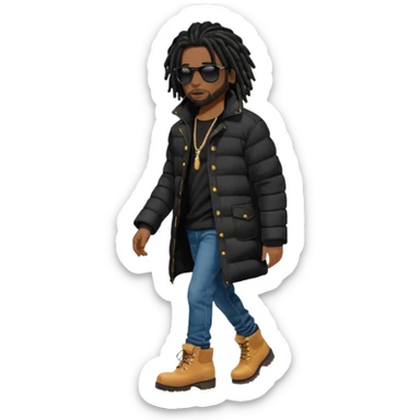 African American man brown skin complexion with black dreadlocks shoulder length wearing black bubble winter coat wearing black sunglasses with denim skinny jeans and timberland boots walking left sticker