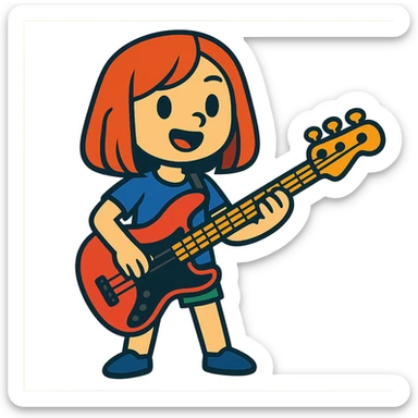 girl with red hair and red bass guitar, long bob hairstyle sticker