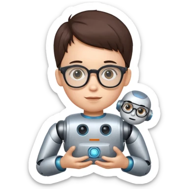 kid with glasses → holding a toy robot sticker