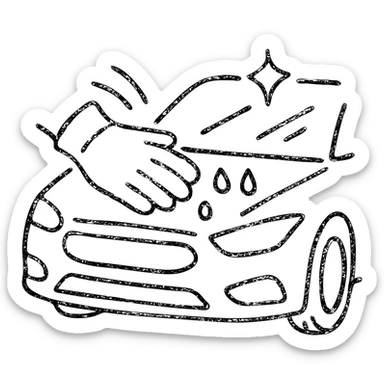 hand-drawn outlined icon of a gloved hand on the hood of a high-end car, drops or shine, black and white details, soft motion lines, clean and modern sticker