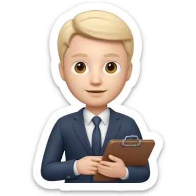 Apple Memoji-style 3D emoji of a manager character in a suit holding a clipboard, soft shading, rounded shapes, clean gradients, no background.
 sticker