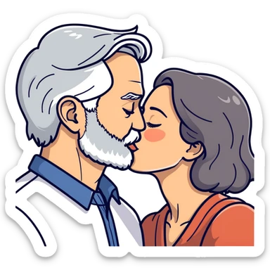 Grey haired bearded man and pretty brunette woman kissing  sticker