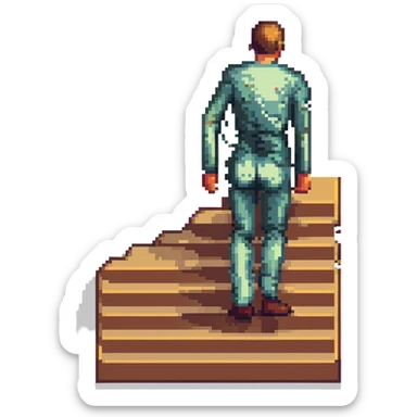 pixel art scene where a human and a staircase are fused, with the person’s torso or legs blending into the steps sticker