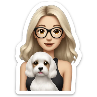 fashionable girl in large McQueen glasses, with shoulder-length brown hair and a white Maltese dog in her arms sticker