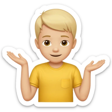 boy with baby hair cut shrugging his shoulder, wearing yellow shirt and smile sticker