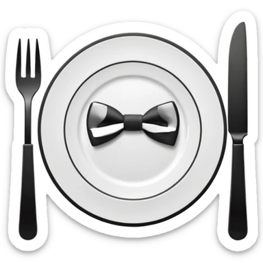 Minimalistic flat vector icon, iOS style, thin black contour on white background. Fork and knife crossed on a plate with a small bow tie above. Clean, no text, no shadows sticker