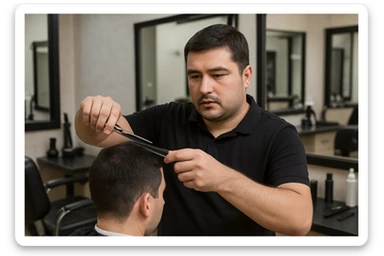 shu odamni sartaroshxonada mijozlarni sochini olayotganin  tasvirlab ber juda yosh ham katta ham bo'lmasin semiz ham bo'lib ketmasin sticker