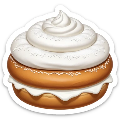 A bun with visible whipped cream in the middle beteween two bun halves and powdered sugar on top, no cream on top sticker