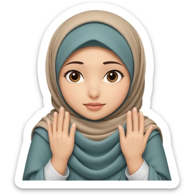 Hijabi girl sitting.     head covered
hands pulling the fabric in
shy-but-dramatic energy
“no cameras pls” but in a cute way
soft + mysterious vibe sticker