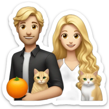 A couple consisting in a white man with long black hairand a blonde white woman holding an orange and white cat with long hair sticker