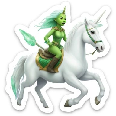 a green amazon alien woman on a white unicorn sticker