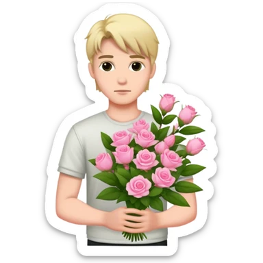 A cool bad boy with fair skin holding a bouquet of pink jasmine roses sticker