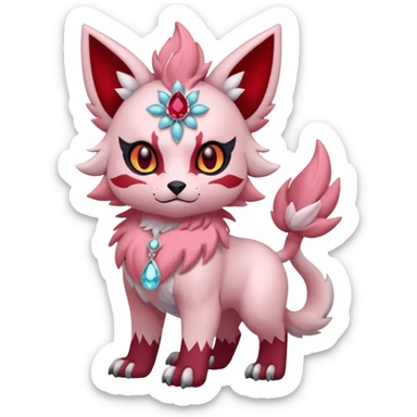 Floral pastel pink and ruby-jewelry-adorned Absol-Litten-Amaura-fusion-Fakemon-animal-creature  sticker