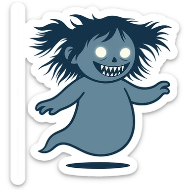 Make the cartoon girl ghost scarier by giving her sharp teeth, wild hair, and eerie glowing eyes. Keep the style consistent and remove the background. sticker