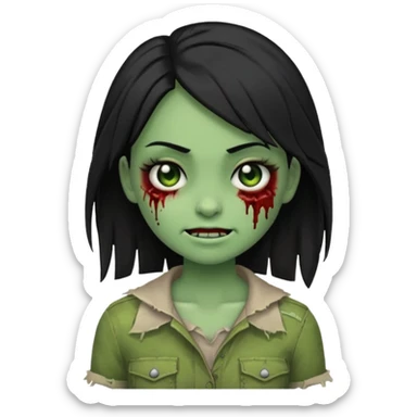 winking half-zombie girl emoji, straight black hair, green skin, no text sticker