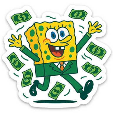 SpongeBob-inspired character in a green suit, surrounded by dollar bills, playful cartoon style sticker